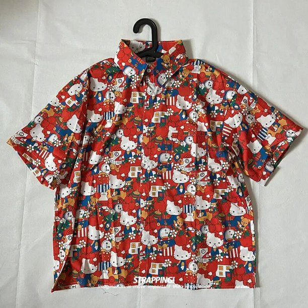 Camisa Sanrio Hello Kitty con estampado de dibujos animados Kawaii de manga corta, Top informal Retro a la moda para mujer Y2K Sweet Girl de verano