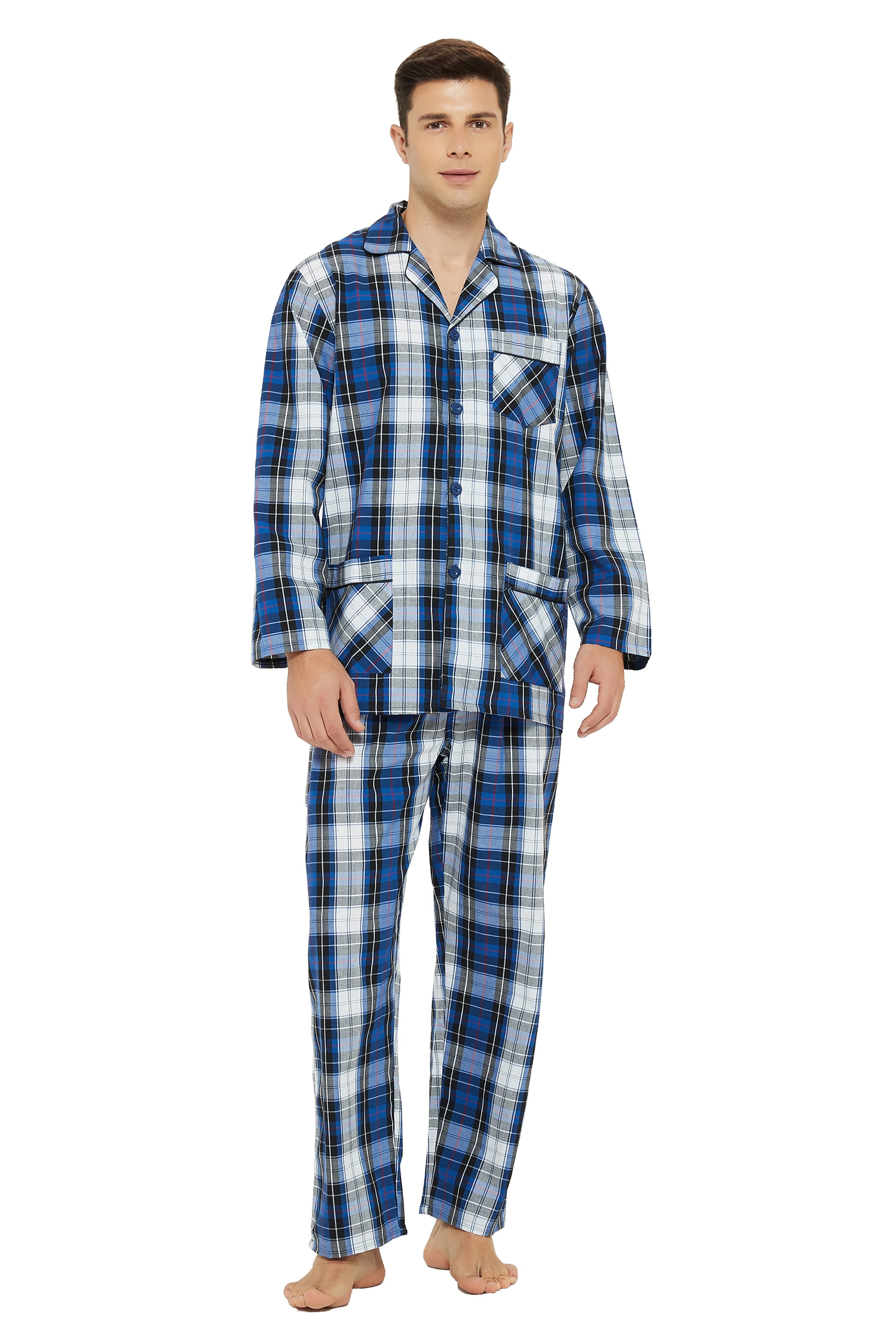 GLOBAL Mens Pajamas Set 100% Cotton Yarn Drawstring Sleepwear Set with ...