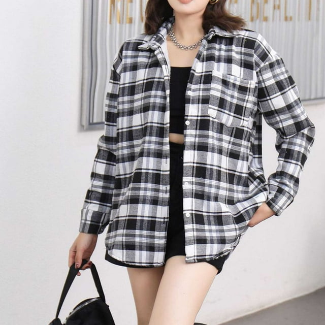 Tranfacy Vestes d'Hiver pour Femmes, Vestes à Manches Longues, Veste à Carreaux pour Femmes avec Poches, Manches Longues, Sans Capuche, Boutonnée, Col à Revers, Doublée Douce pour l'Automne, Tenue Décontractée avec Style Décontracté