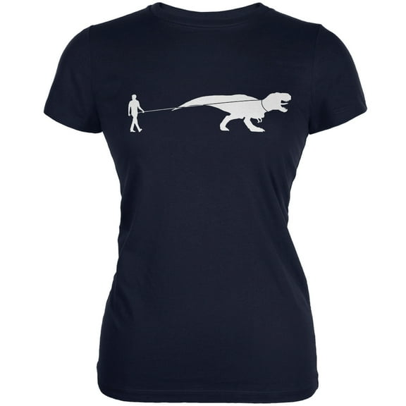 Jurassic - Dinosaur T-Rex On A Leash Navy Juniors Soft T-Shirt - Large