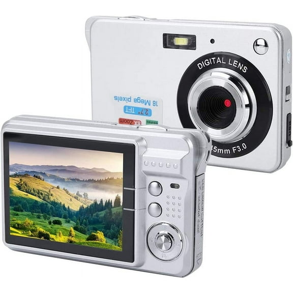 Digital Camera COMS Sensor 18MP, Digital Video Camera Auto Focus Camera with 8X Zoom, 2.7 Inch Screen, USB 2.0 Port, Builtin Speaker, Battery Operated, for Senior Kids(Silver)