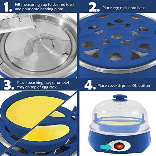 EGC007CBL# Rapid Egg Cooker, 7 Easy-To-Peel, Hard, Medium, Soft Boiled Eggs, Poacher, Omelet Maker, Auto Shut-Off, Alarm, 16-Recipe Booklet, BPA-Free, Cobalt