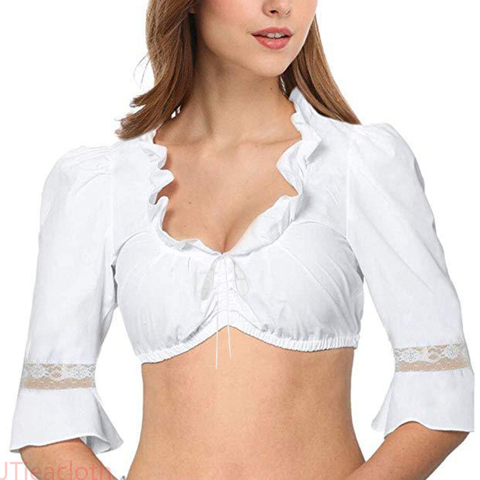 JTieacloth Women Crop Top Dirndl Blouse Bavarian Oktoberfest White Blouse,White