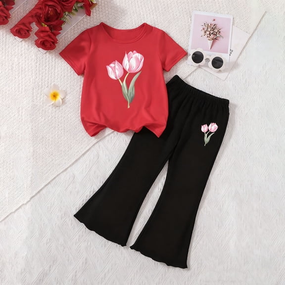 Red Tulip Print Girls' Two-Piece Casual Set - Soft Stretch Short-Sleeve Top & Flared Pants for Kidss & Little Girls (2-8 Years),Size 6-7 T