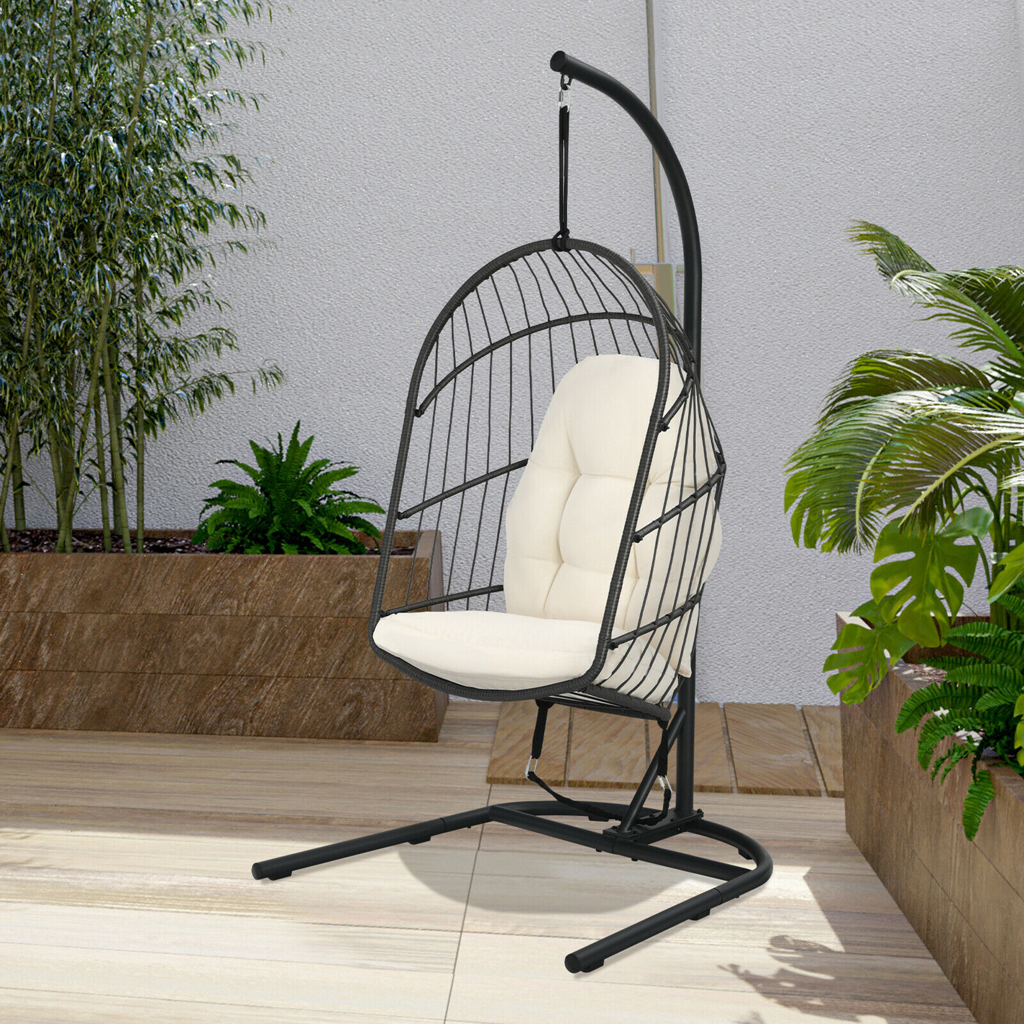 Gymax Hanging Hammock Patio Rattan Swing Egg Chair w/ Stand & Beige Cushions