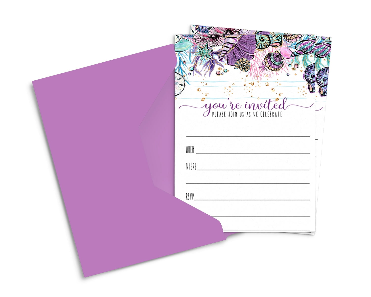 Enchanting Seashells Invitations with Envelopes Pack of 15 Blank Invites  Girls Baby Shower, Wedding, Birthday, Any Event Mermaid Designs Purple and  Gold Printed Card Set 4x6 Paper Clever Party - Walmart.com