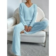 thumbnail image 5 of Womens Ribbed Knit 2 Piece Sets Long Sleeve Sweater and Wide Leg Pants Loungewear Pajamas Set Blue S, 5 of 7