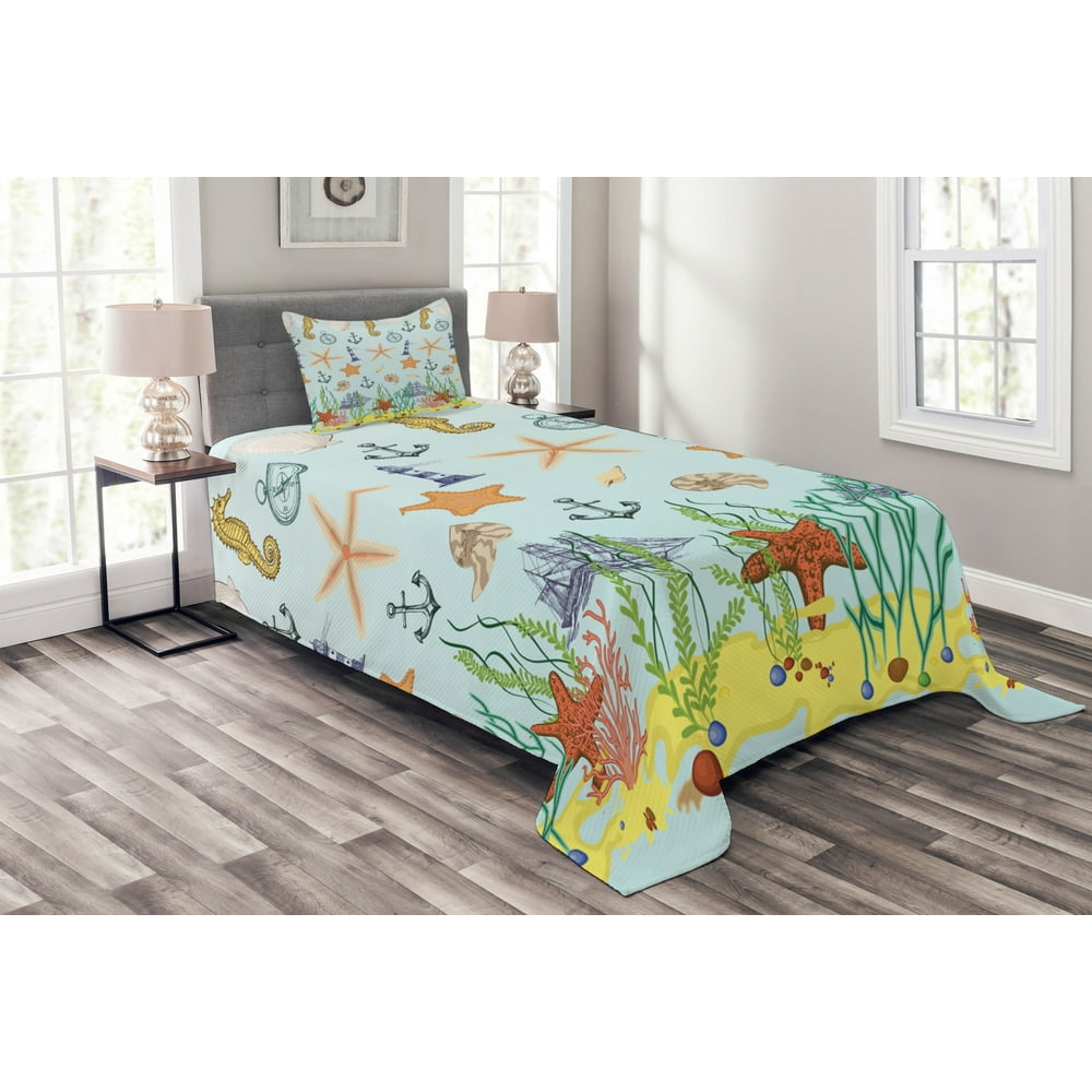 Nautical Bedspread Set Twin Size, Elements of the Ocean Composition