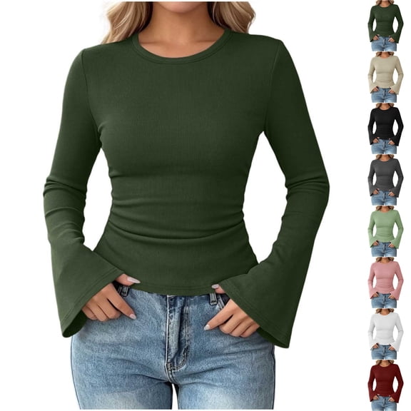 Perfectbot Women's Flare Long Sleeve T-Shirt Crewneck Fitted Stretchy Ruched Waist Fall Trendy Basic Tee