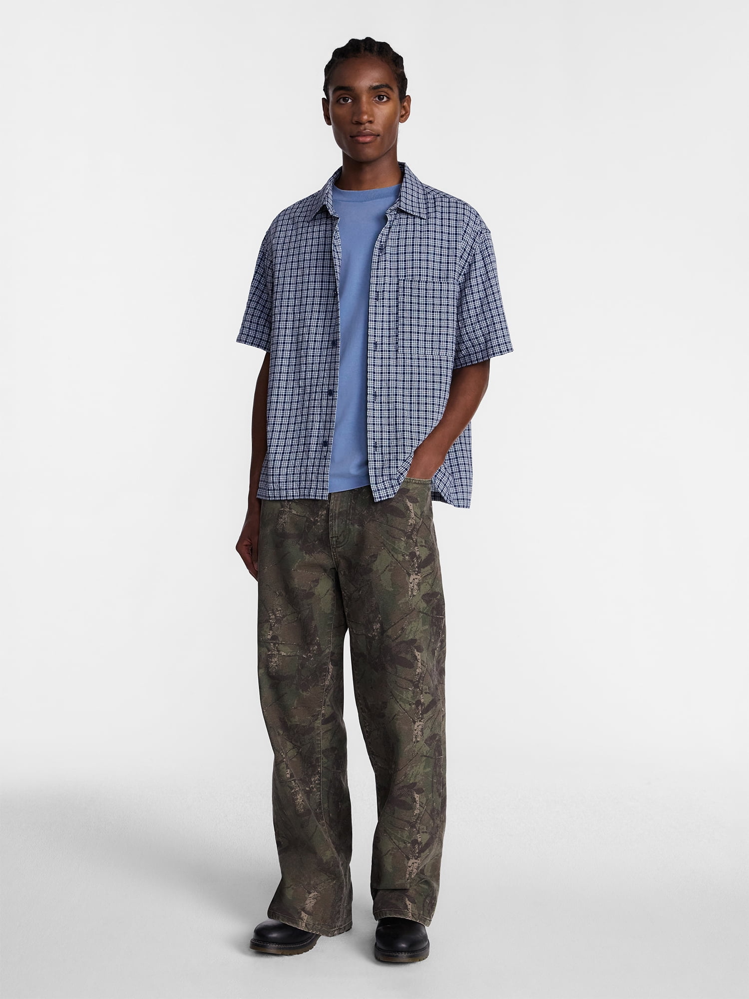 No Boundaries Plaid Shirt with Short Sleeves, Men's XS-5XB