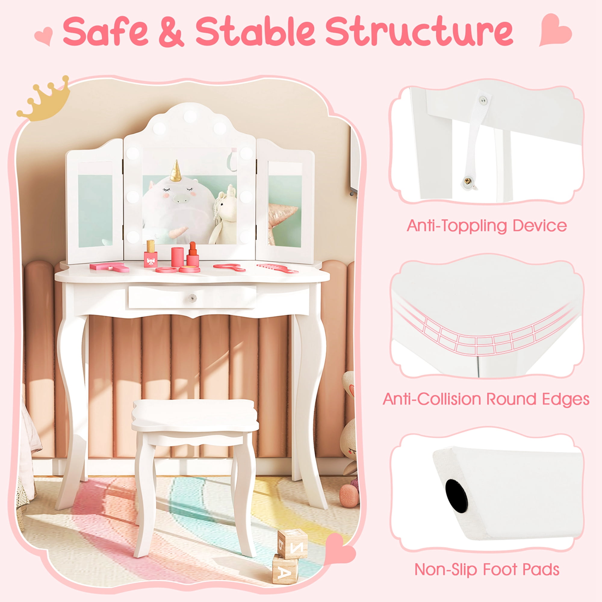Costway Kid Vanity Table Stool Set Tri-Folding Mirror Adjustable 3-Color LED Light White