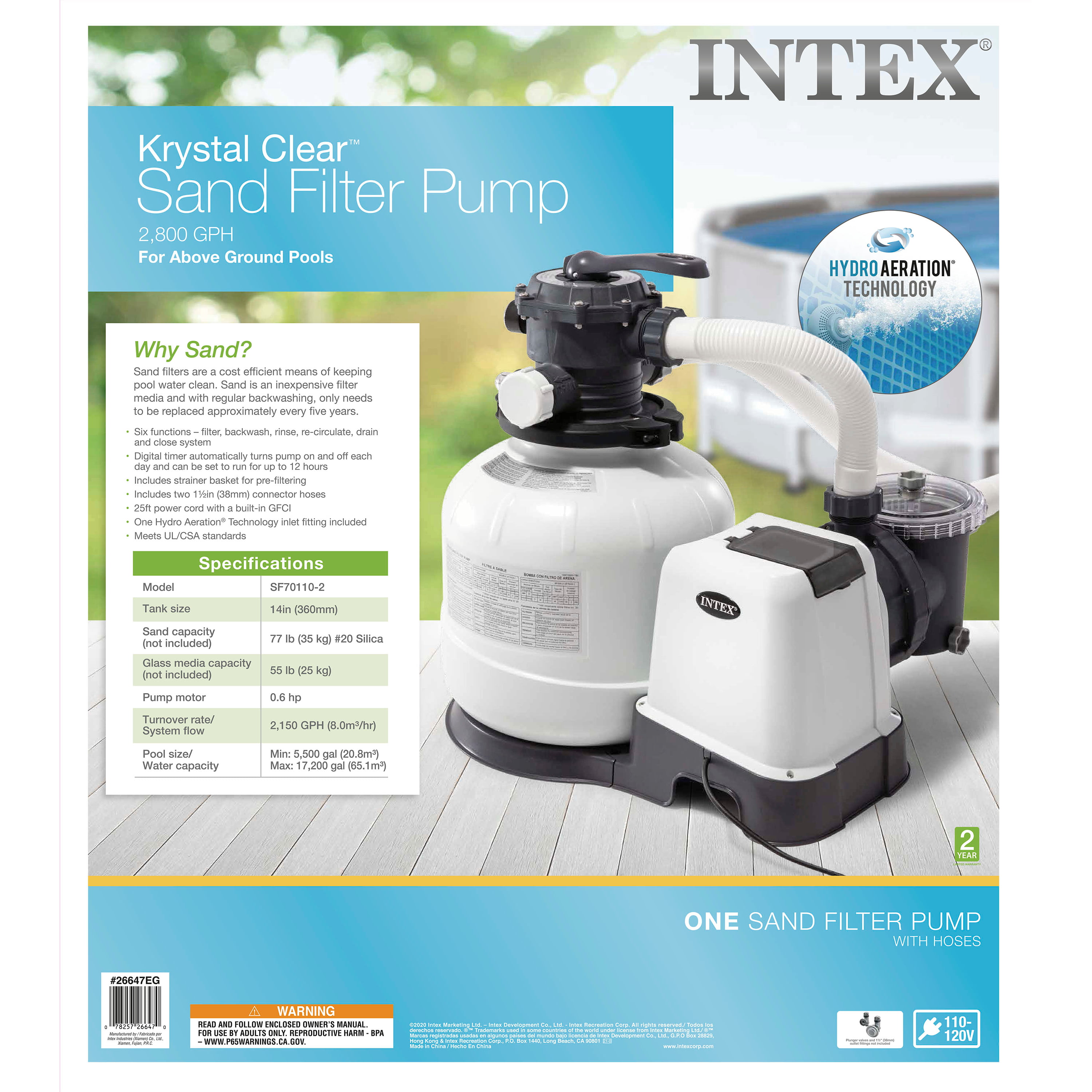 Intex 14 inch Krystal Clear Sand Filter Pump, 2800 Gph Flow Rate with GFCI,  26647EG, 110-120 V