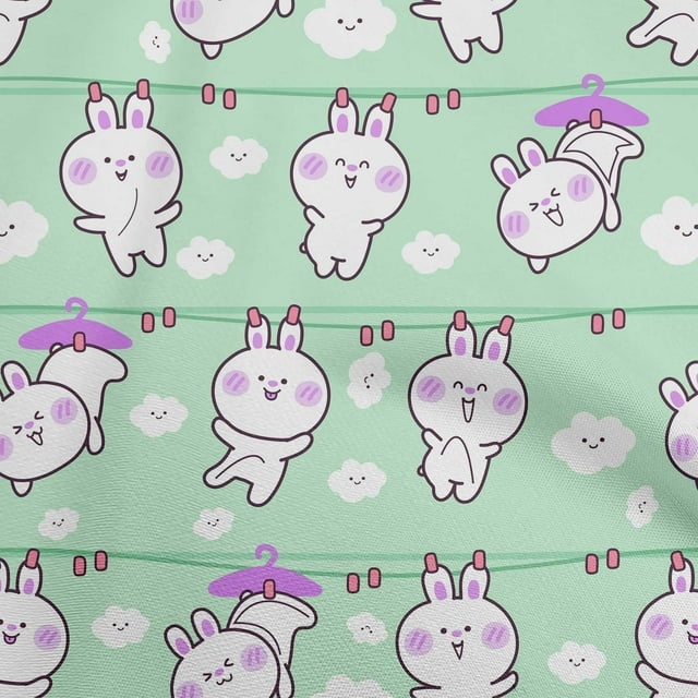 oneOone Cotton Flex Sea Green Fabric Asian Kawaii Rabbit Sewing Material Print Fabric By The Yard 40 Inch Wide