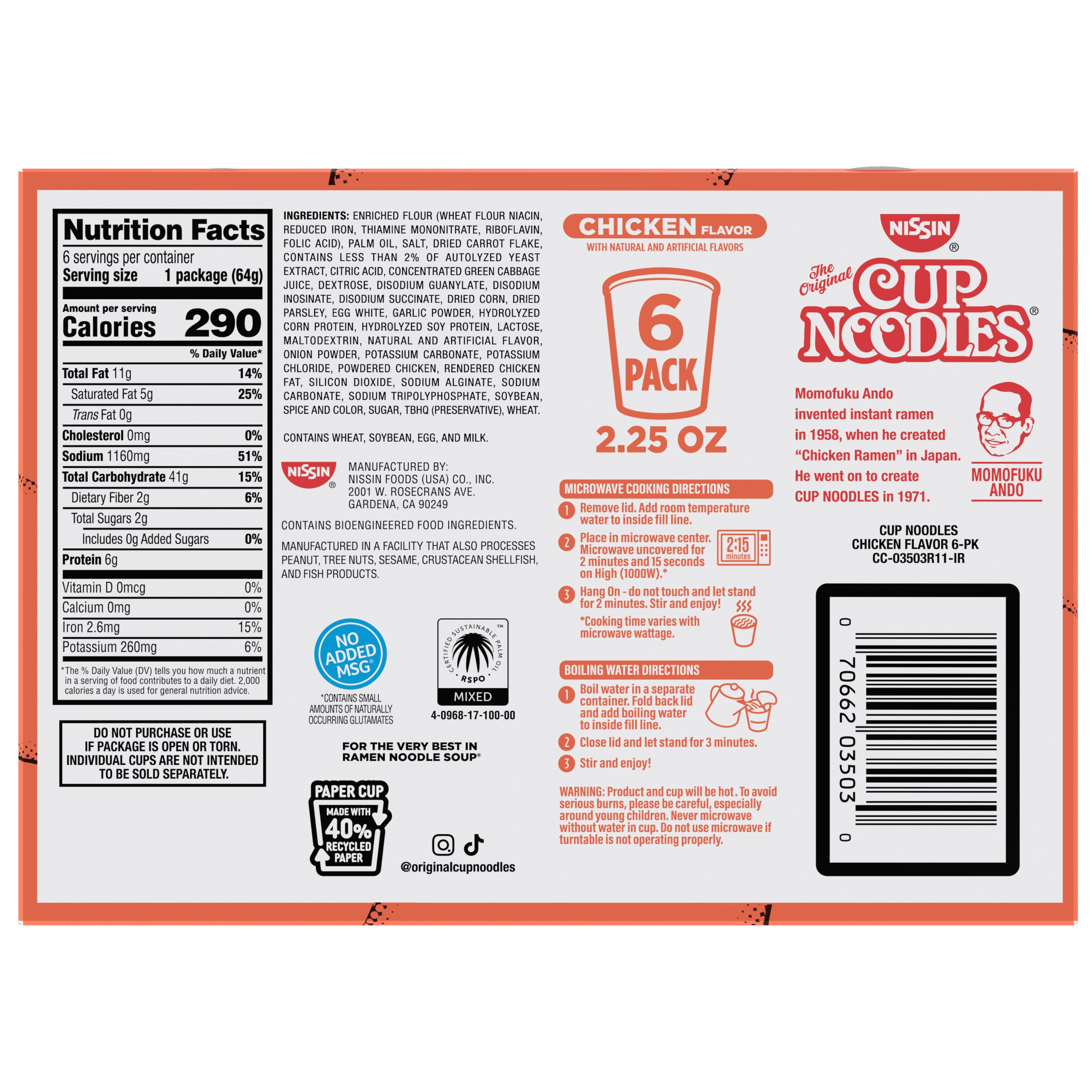(4 pack) Nissin Foods Cup Noodles Ramen Noodle Soup, Chicken Flavor, 2.25 oz Cup, Shelf-Stable, 6 Pack