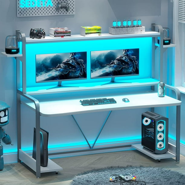 SEDETA White Gaming Desk, 55" Computer Desk with Storage, LED Lights, Hutch & Monitor Shelf