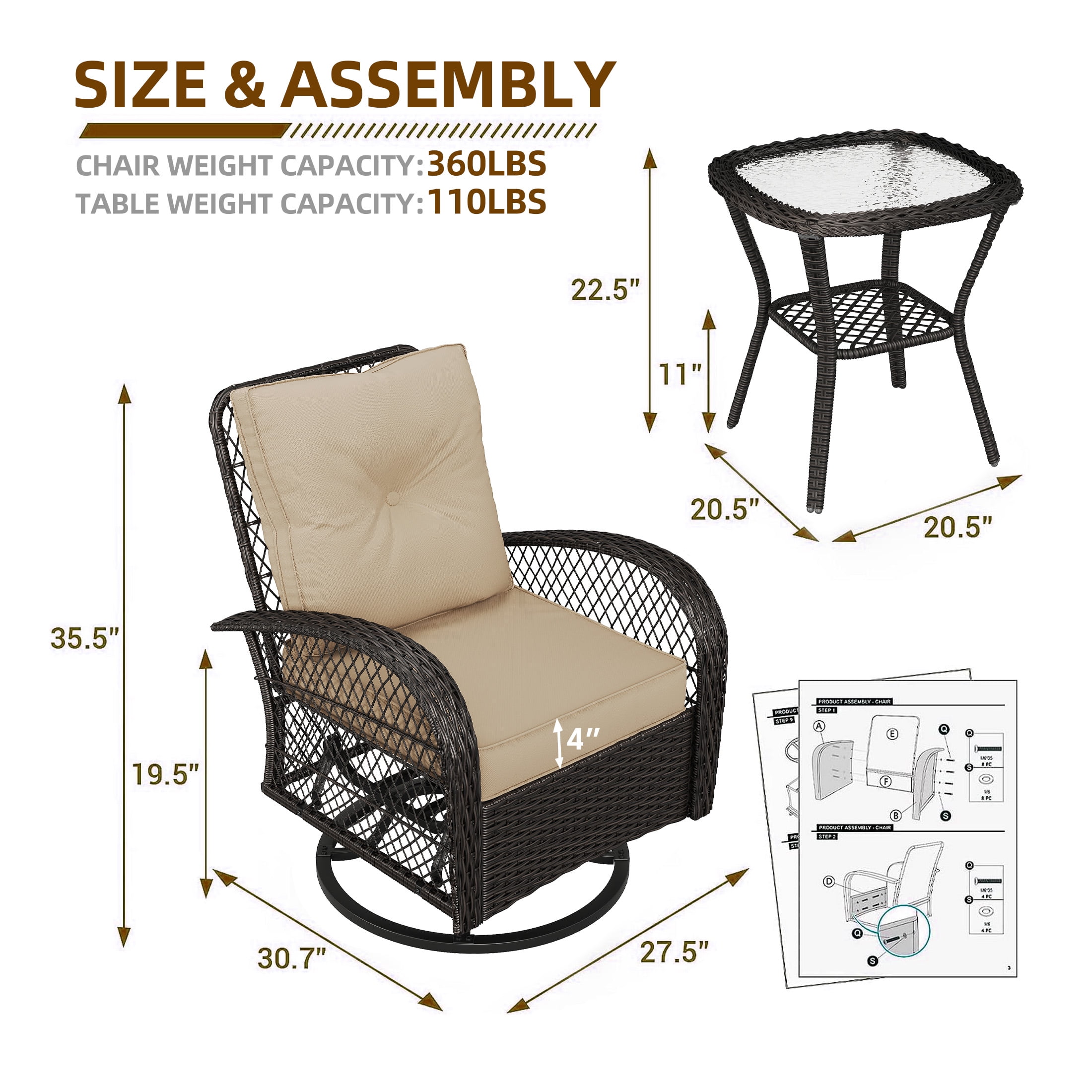 Techmilly 3 Pieces Patio Furniture Set, Outdoor Swivel Gliders Rocker, Glass Top Side Table  (Khaki)