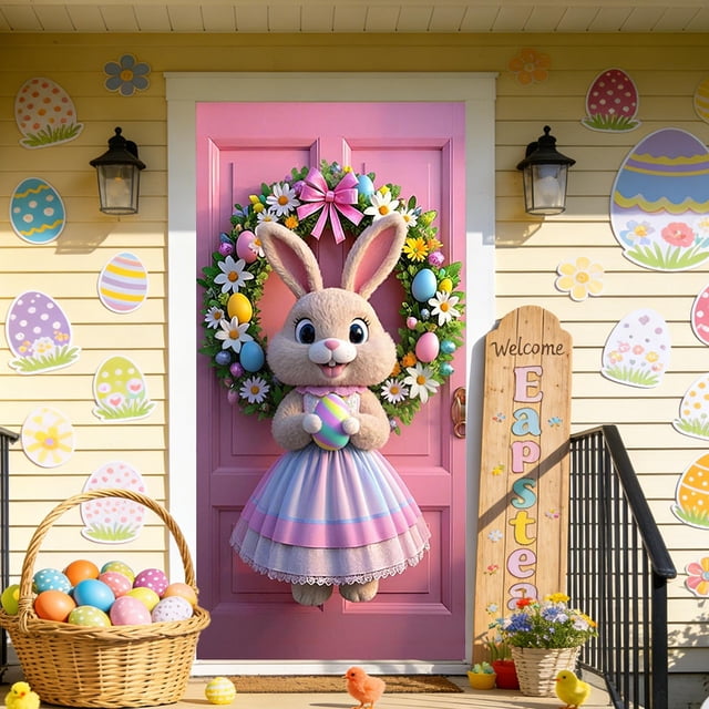 Sokhug Rideau de Porte de Pâques 35,43x70,87 Pouces Imprimé Lapin Œuf Décor pour Porte d'Entrée Mur Multicolore