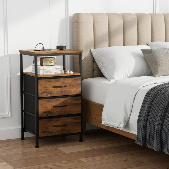 Smart Nightstand with LED Lights & Charging Station | Remote App Control Bedside Table | 2 AC Outlets, USB-C Port, 3 Drawer Storage | Modern End Table for Bedroom, Rust