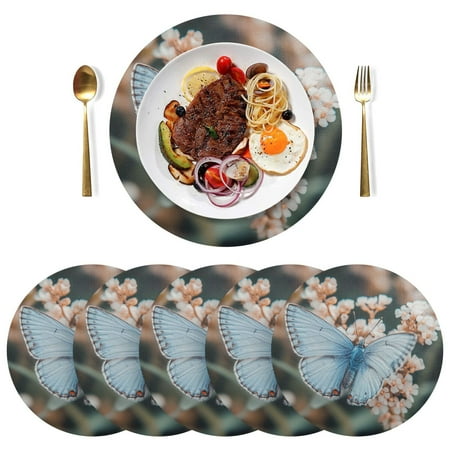 

Round Placemats Plate Mats 15 Inch Non-Slip Heat Resistant Washable PVC Set Table Decoration for Kitchen Dining Blue Butterfly Sits on The Flowers