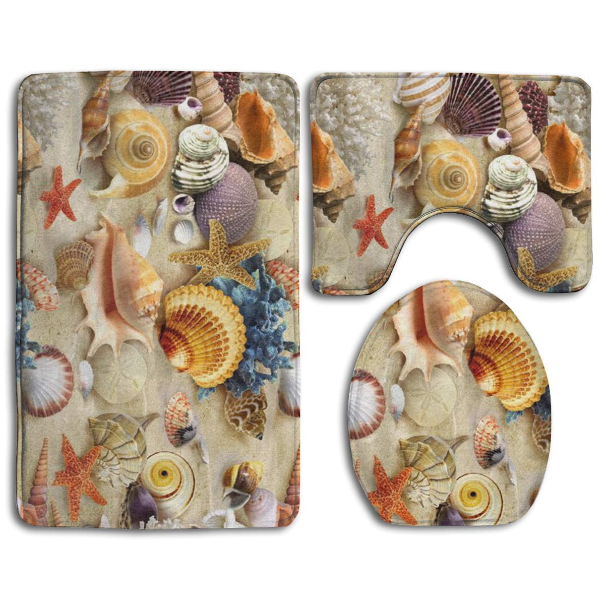 PUDMAD Conch Starfish Seashells 3 Piece Bathroom Rugs Set Bath Rug