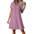thumbnail image 2 of TAGOLD Womens Short Sleeve V-Neck Knee-High Dress Zip Detail Solid Color Short Dress Summer Casual Wear, 2 of 5
