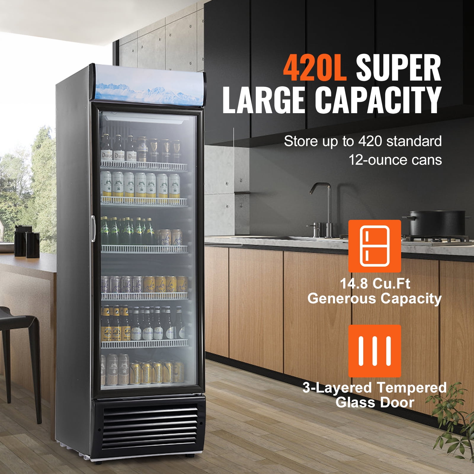KFFKFF Commercial Display Fridge, 14.8 Cu.Ft / 420L, Beverage Cooler with Glass Door, Upright Refrigeration Unit with 5 Adjustable Shelves, Includes Customizable Lightbox