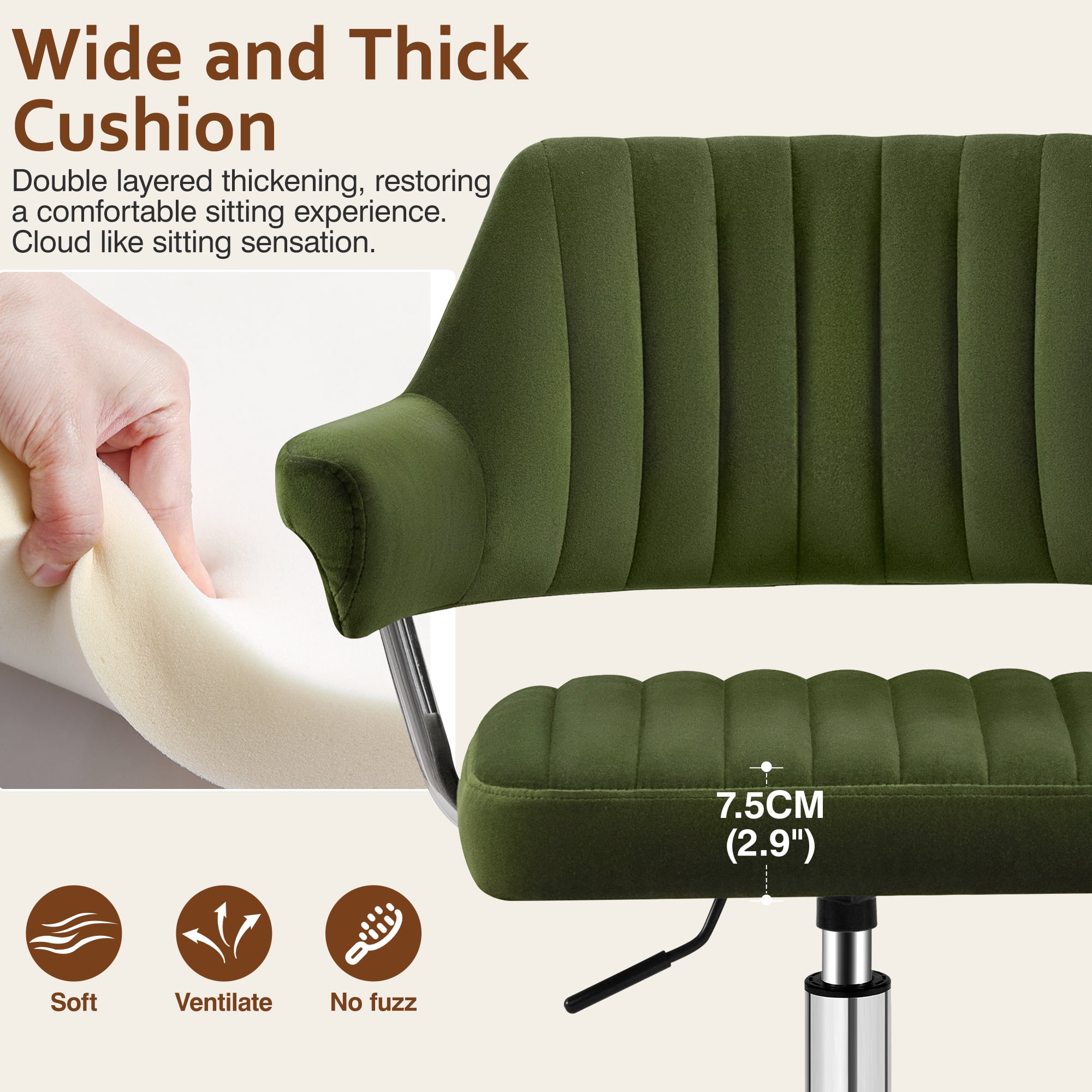 ATHOPE Home Office Desk Chair, Modern Office Chair with Wheels, Small Comfy Desk Chair with Arms, Low Back Computer Chair, Swivel Flffy Vanity Chair, Green