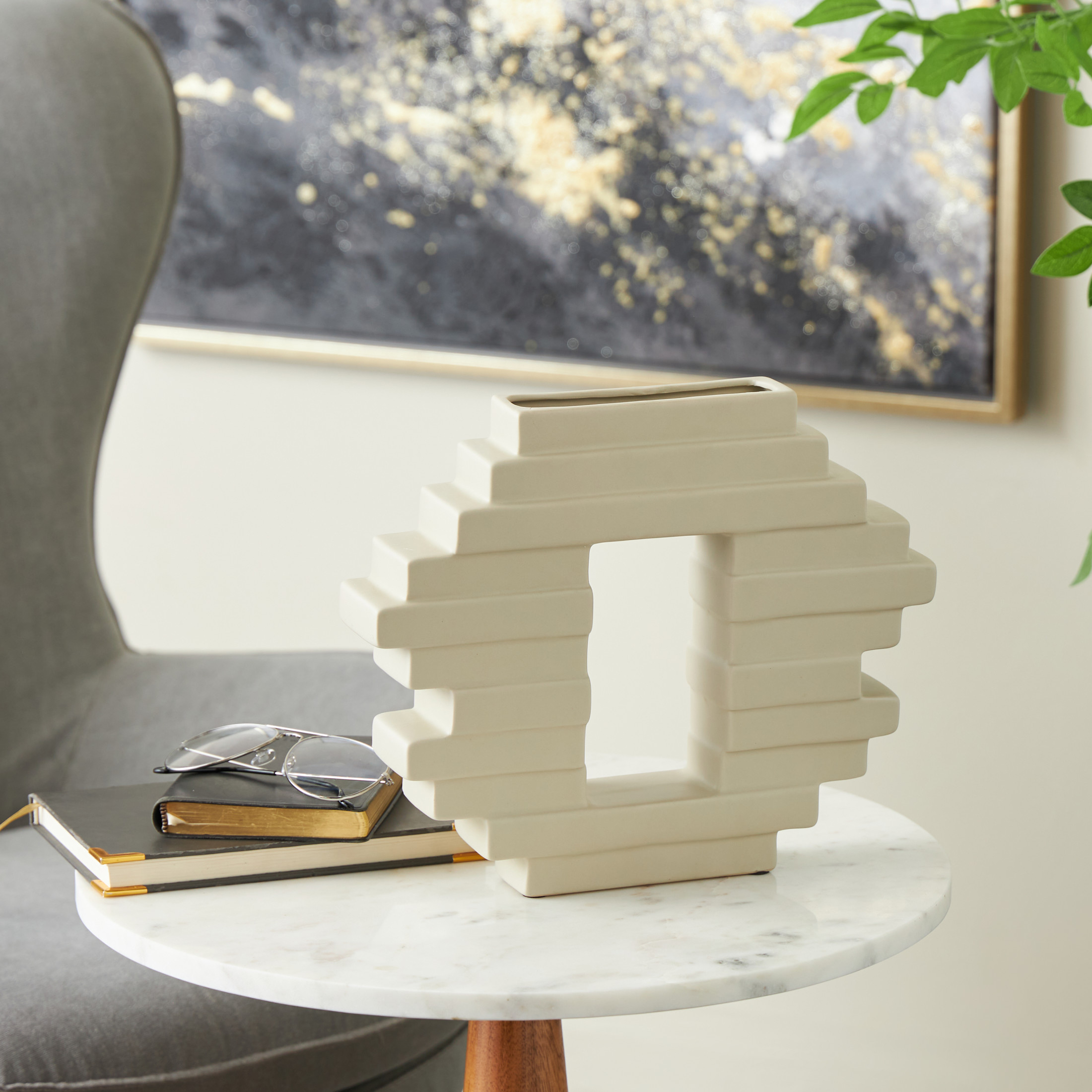 DecMode 10" Abstract Cream Ceramic Vase with Rectangular Center Cutout