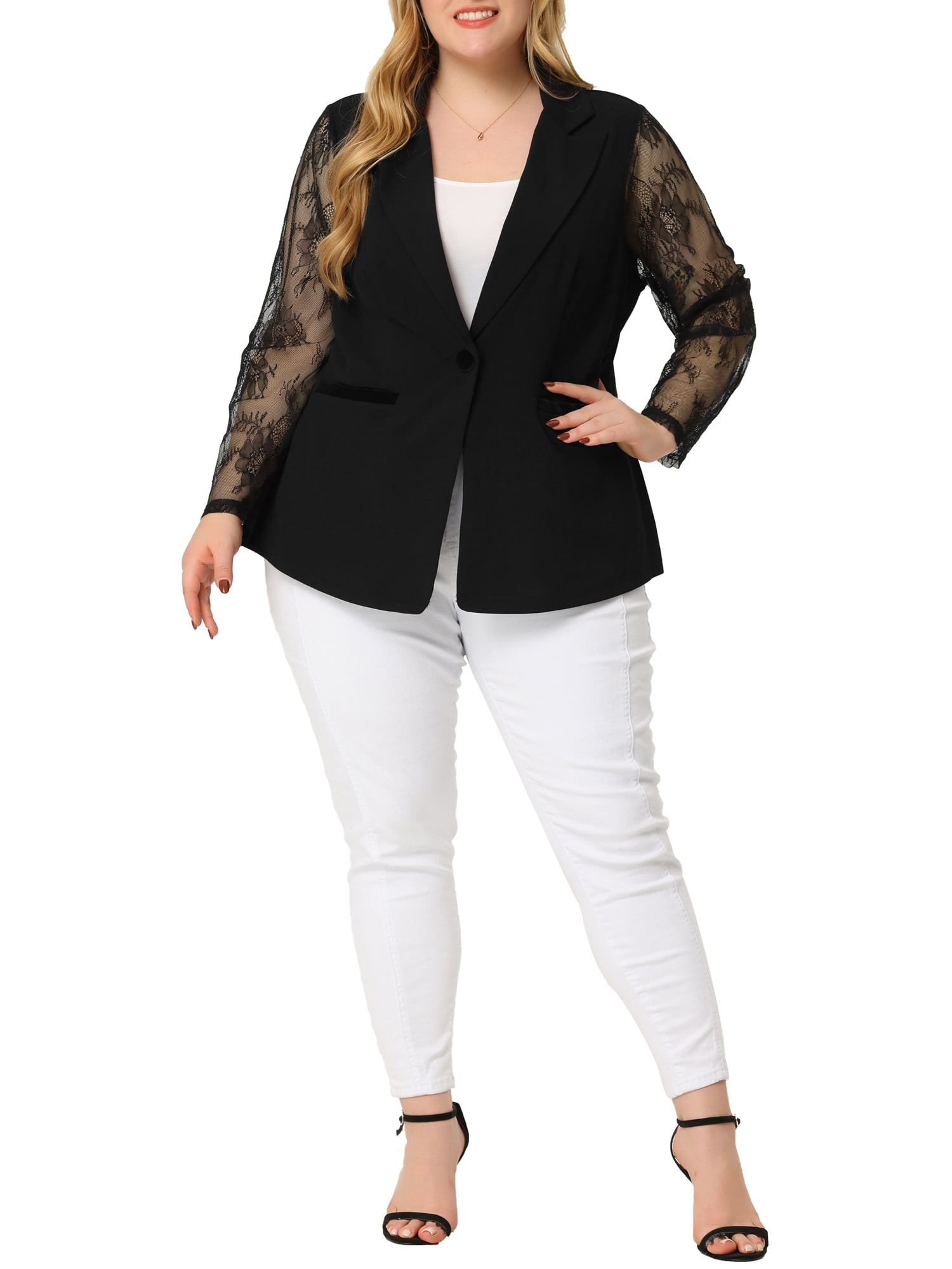 Unique Bargains Women's Plus Size Work Notch Lapel Lace Front Blazers Jackets