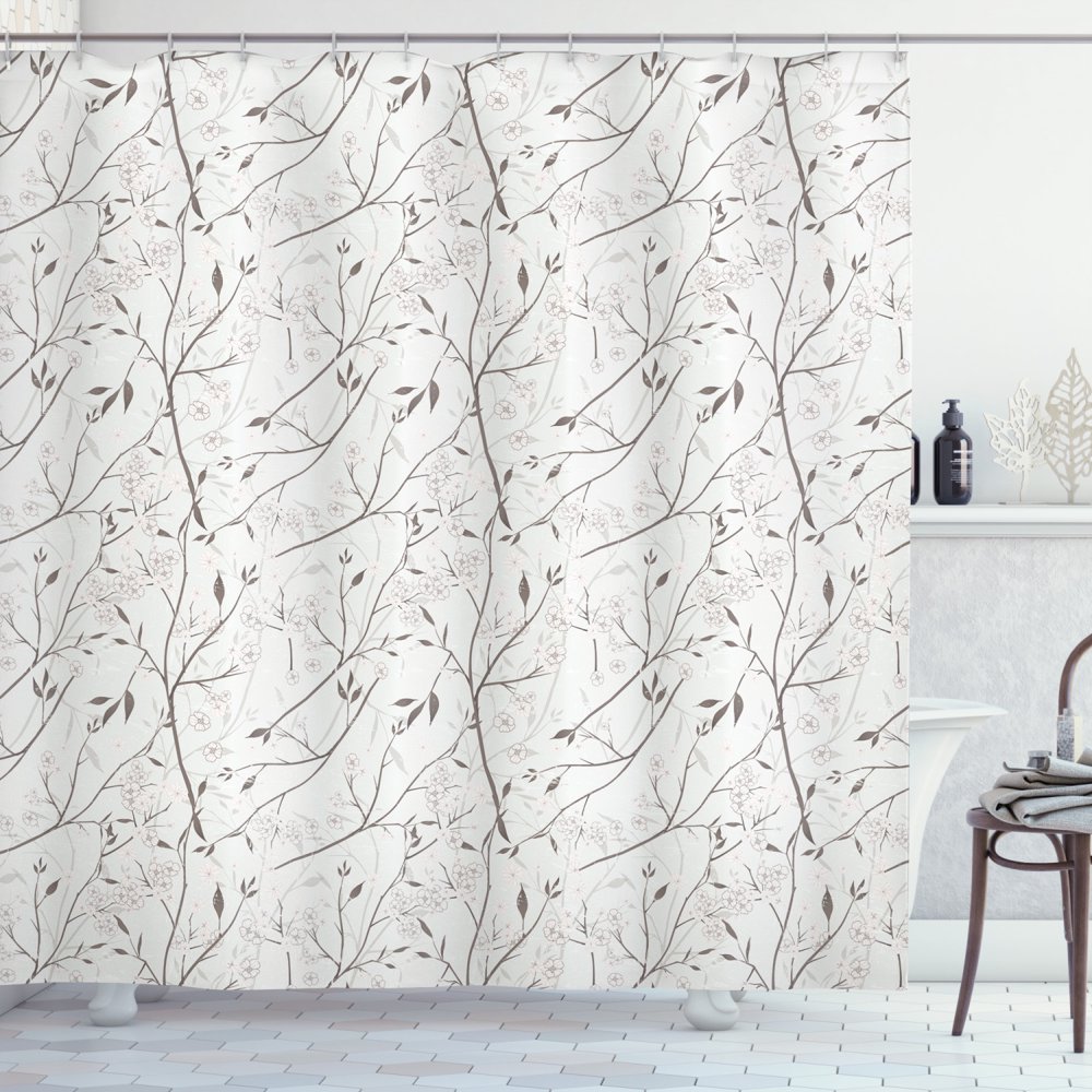 Grey and Mint Shower Curtain, Rustic Branches with White Buds Purity of