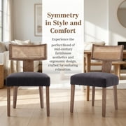 Guyou Modern Rattan Backrest Dining Chairs Set of 2, Mid-century Farmhouse Linen Upholstered Kitchen Chairs Solid Wood Side Chairs for Kitchen Dining Room Living Room, Charcoal