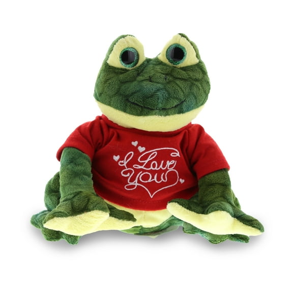 DolliBu I LOVE YOU Plush Squat Green Frog - Cute Stuffed Animal with Red Shirt For Valentine, Anniversary, Romantic Date, Boyfriend, or Girlfriend Gift - 6 Inches
