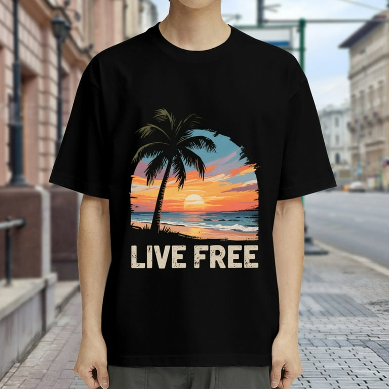 Black T Shirts for Men, Palm Tree, Sunset, Live Free Graphic Mens