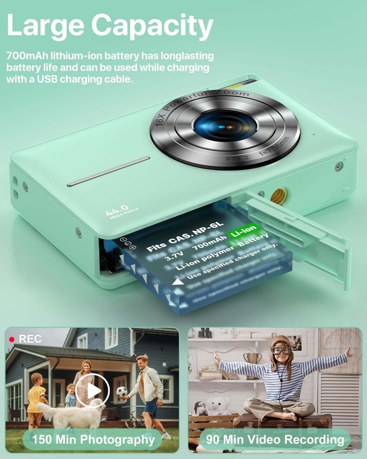 ACTITOP Digital Camera FHD1080P 44MP Portable Camera for Kids 2.4"LCD Screen Small Video Camera with 32G Card
