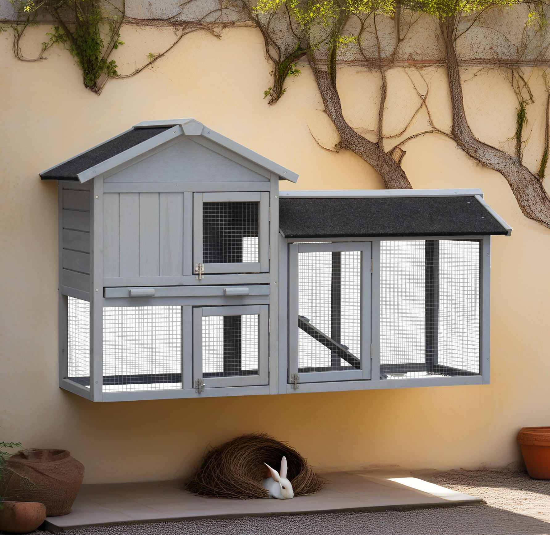 Anykoon Rabbit Hutch With Large Run Space Outdoor&Indoor Bunny Cage ,Extensible Chicken Coop with No Leak Plastic Tray