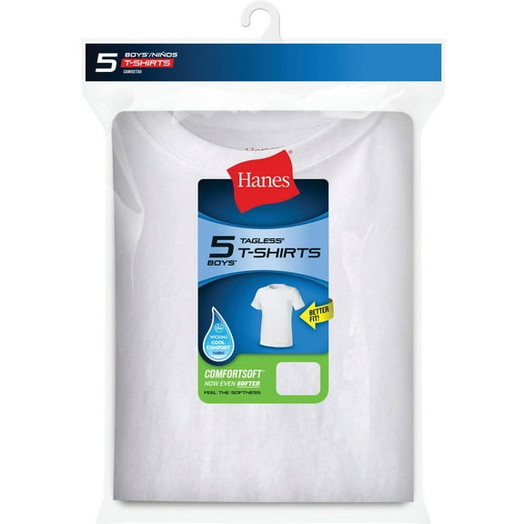 Hanes Boys Undershirts, 5 Pack ComfortSoft Short Sleeve Crewneck Tagless Undershirts Sizes 6/8 - 18/20