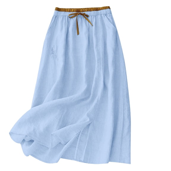 Ygbgbb Women's Lightweight Summer Cotton Linen Skirt Flowy Bohemian Beach A-Line Midi Skirt Solid Elastic Waist Casual Daily Skirt Light Blue XL