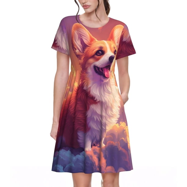 Disketp Sunset Cloud Corgi para Vestido de Manga Corta para Mujeres, Vestidos de Verano para Mujeres, Casual y Holgado para la Playa