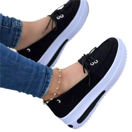 

Woman Wedge Platform Sneakers Tie-Up Slip-on Flat Shoes for Daily Casual 37 Black