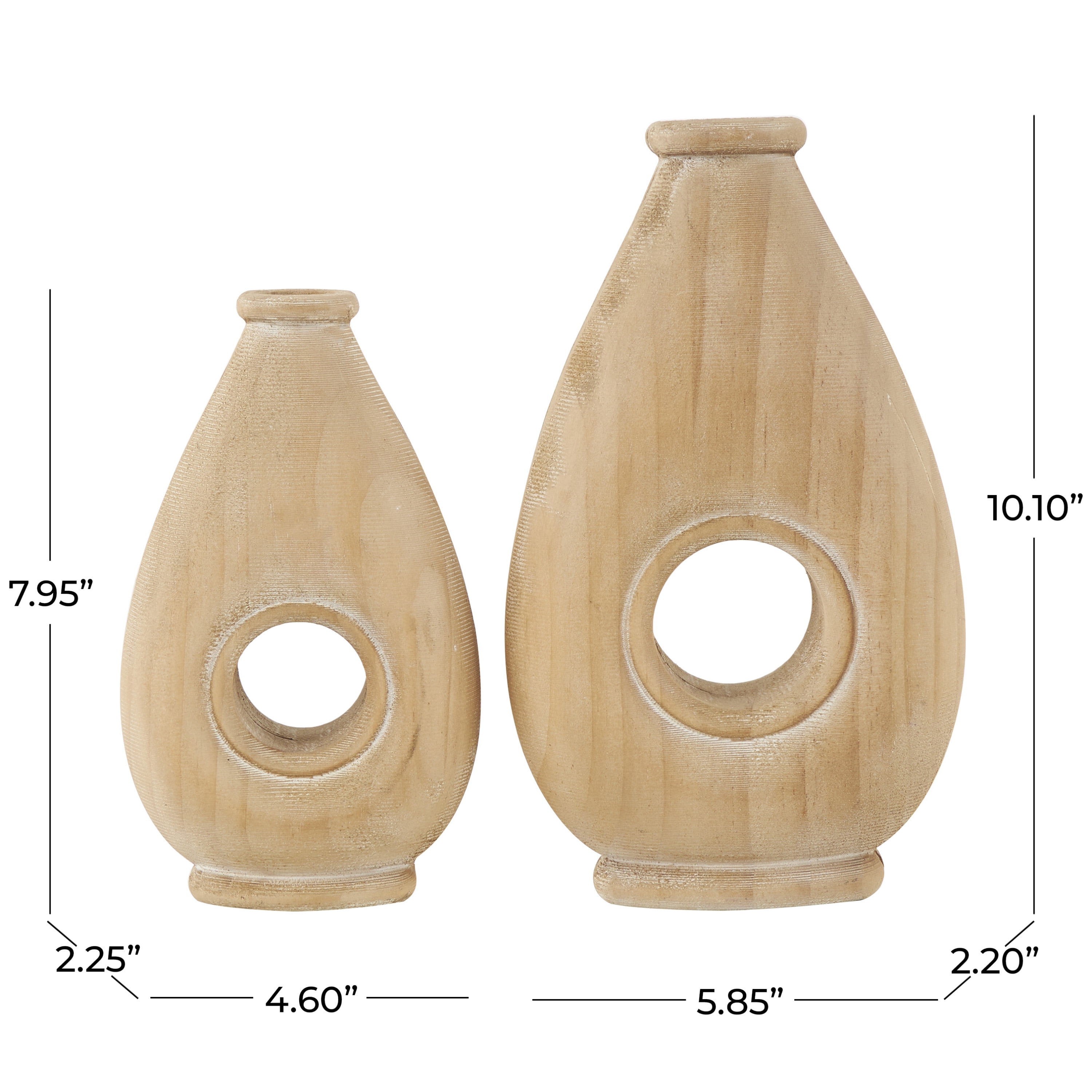 DecMode 10", 8"H Teardrop Brown Wood Vase with Cutout Center, Set of 2