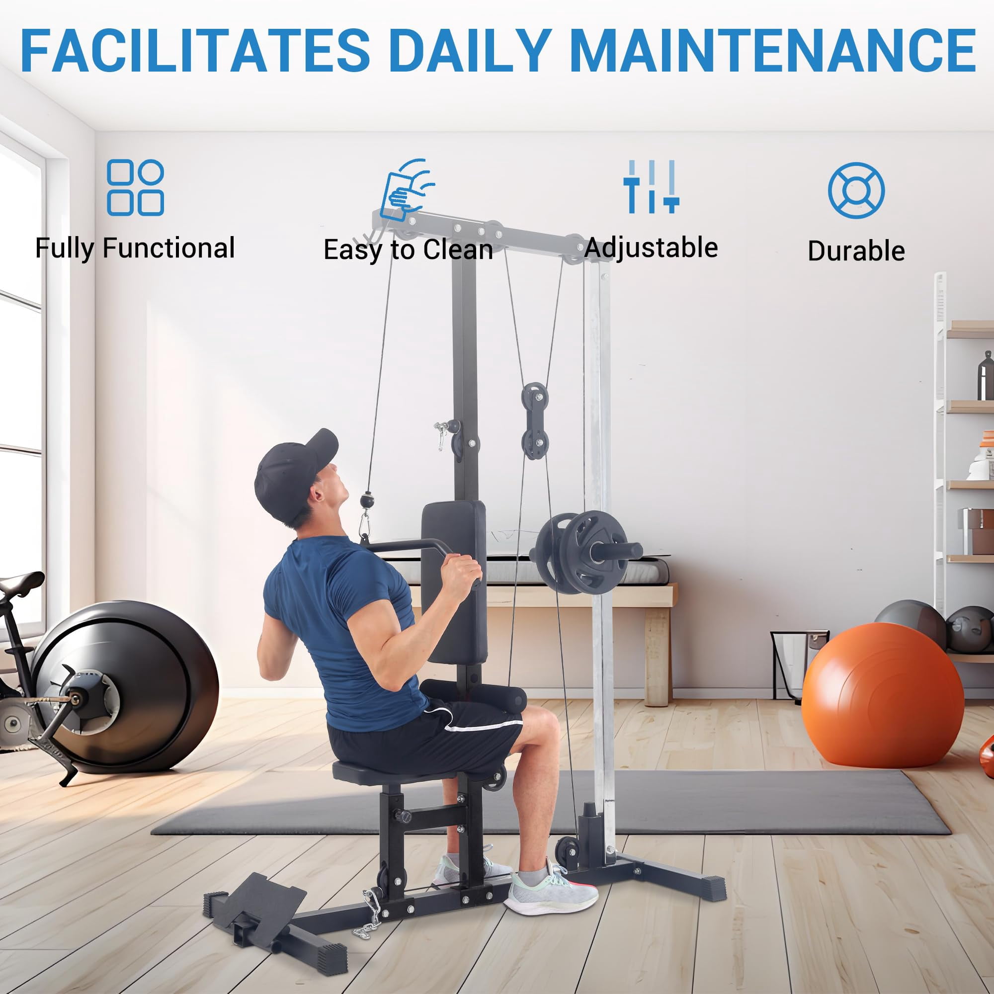 QinaQin Lat Pulldown Trainer with High and Low Pulley Stations, Multi-Functional Cable Trainer with Adjustable Leg Support, Suitable for Full-Body Training and Back Exercises In Home Gym