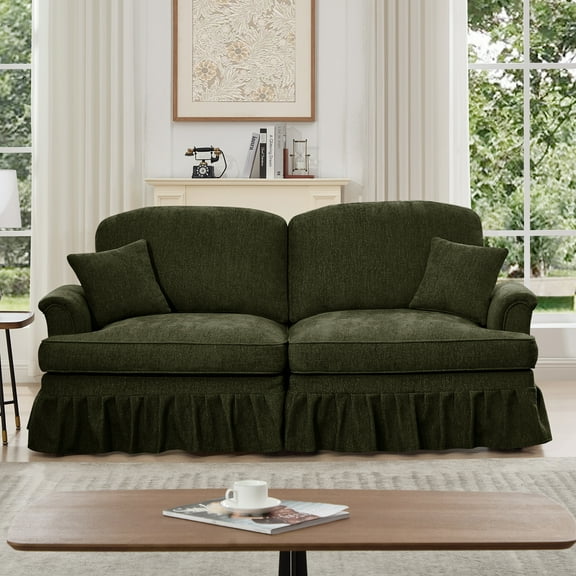 Elegant Mid Century Oversized Green Chenille 2-Seater Sofa Couch | Removable Skirts for Dual Style | Flared Arms & Spindle Legs | Comfy Loveseat for Living Room