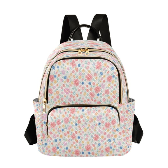 Qxltty Quilted Backpack for Women, Pastel Ditsy Floral Travel Daypack with Front Pocket for Casual Daily Use