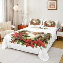 jejeloiu Retro Santa Claus Bed Sheets,Red Xmas Berry King Sheets,Rustic Pine Cone Sheet Set For Child,Ultra Soft Home Decor,4pcs