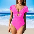 thumbnail image 6 of Womens Ruffled Swimsuits with Triangle Bikini Halter Top Swim Suits V Neck Ruched Short Sleeve Bathing Suit (S, Hot Pink), 6 of 7