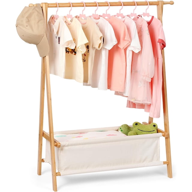 Perchero infantil con almacenaje, perchero, ropa infantil, bambú natural,Color natural