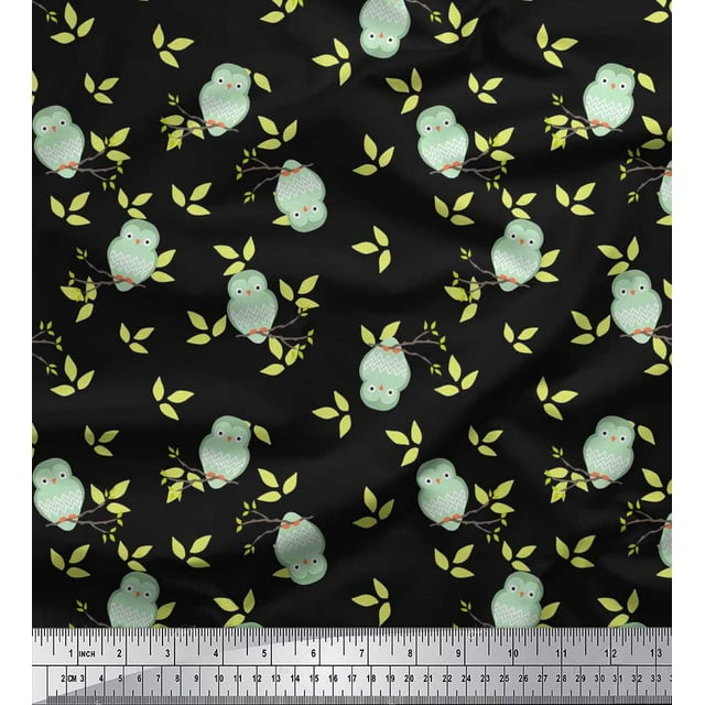 Soimoi Rayon Crepe Fabric Leaves & Owl Bird Print Sewing Fabric Yard 46 Inch Wide