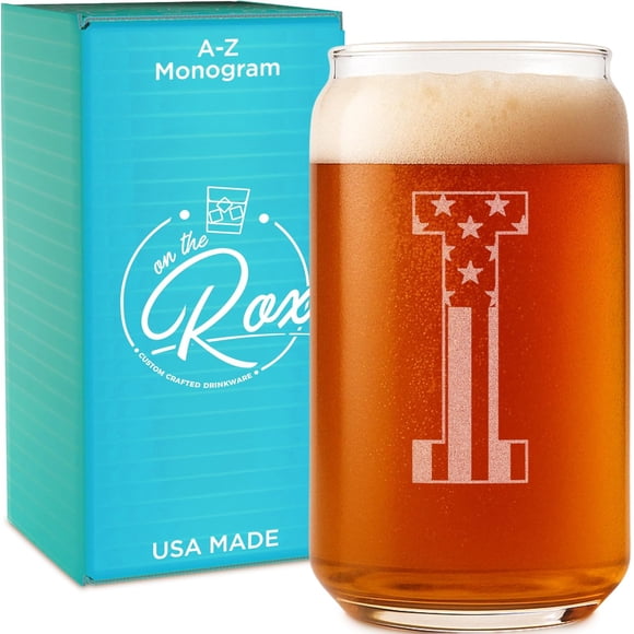 Monogram Beer Glasses for Men (A-Z) 16 oz - Beer Gifts for Men Brother Son Dad Neighbor - Unique Gifts for Him - Personalized Drinking Gift Beer Glass Mugs - Engraved Beer Can Glass (I)
