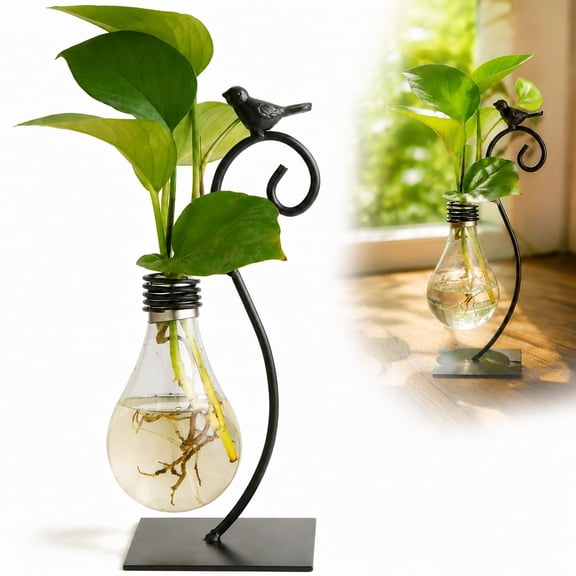 Deally Glass Bulb Vase with Modern Creative Bird Stand Hydroponic Propagation Planter for Pothos Scindapsus Indoor Plants Home Decor 1 Pack 10.04 Inches Tall