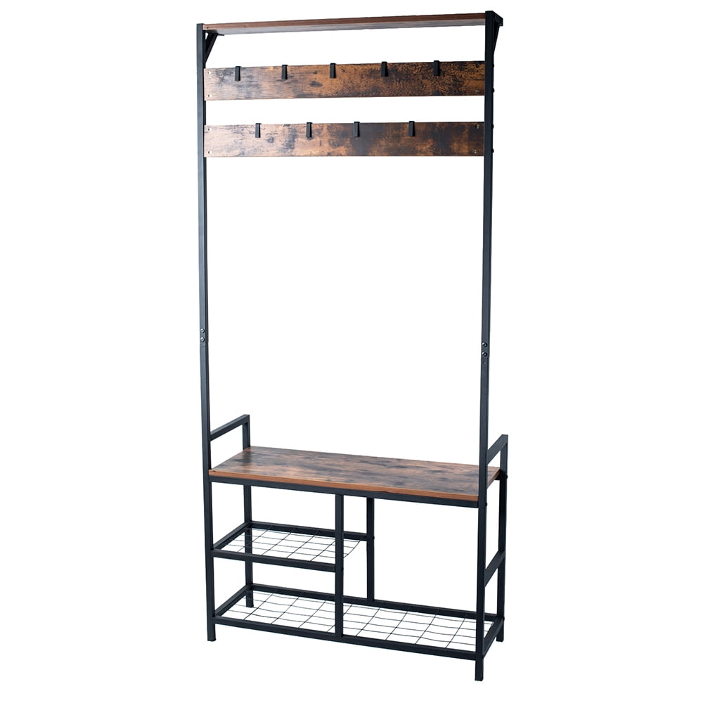 Lowestbest Coat rack, Industrial Style Hall Tree Entrance Storage Rack Three-in-One Design, Rustic Brown Lowestbest Coat rack, Industrial Style Hall Tree Entrance Storage Rack Three-in-One Design, Rustic Brown